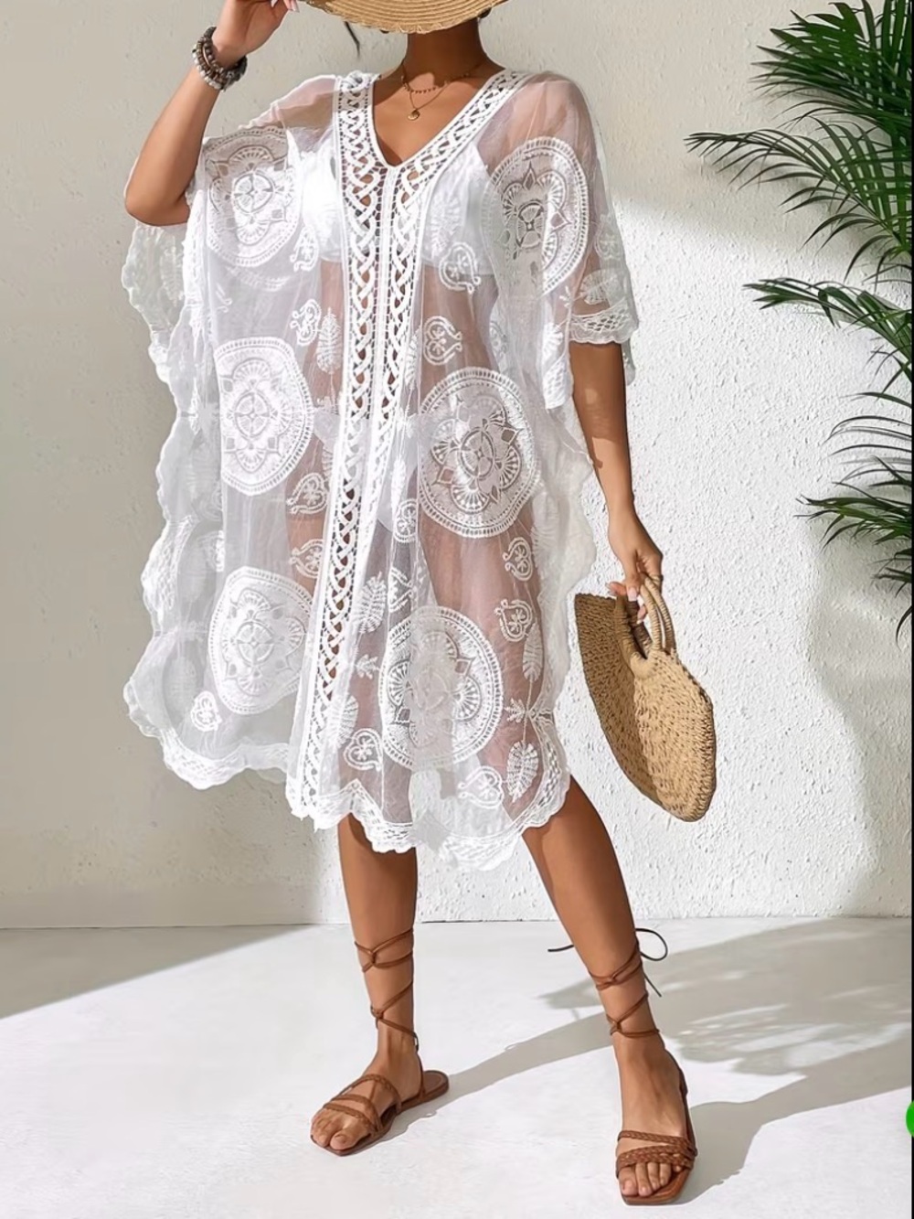 Boho Chic V-Neck Swimsuit Cover-Up White Crochet Trim Kaftan O/S NWT